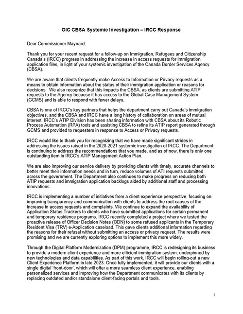 Première page de la lettre d'IRCC au Commissariat