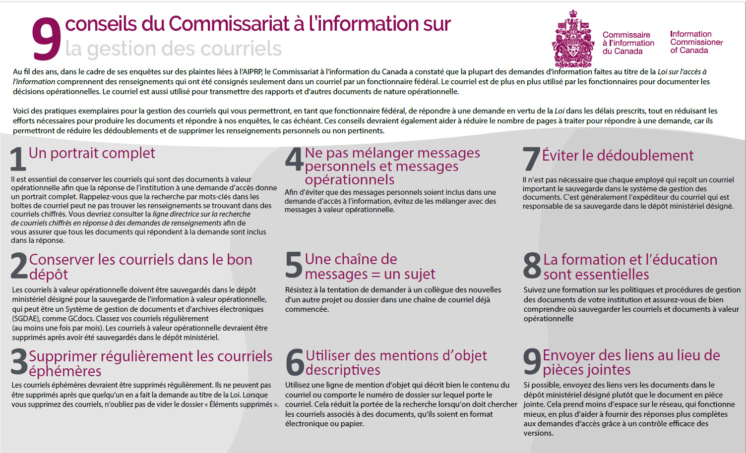 9 conseils du Commissariat 