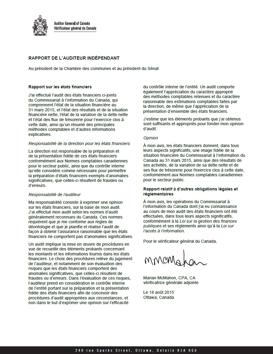 Rapport de l'auditeur indépendant