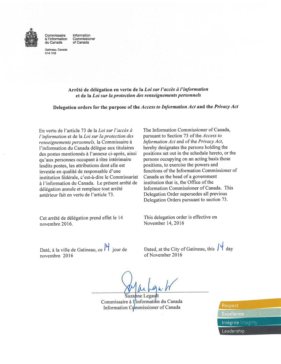 Arrêté de délégation en vertu de <em>la Loi sur l’accès à l’information</em>et de la <em>Loi sur la protection des renseignements personnels</em>/ Delegation orders for the purpose of <em>the Access to Information Act</em> and the <em>Privacy Act</em>